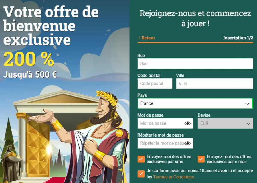 Processus d'inscription sur les machines a sous cresus page